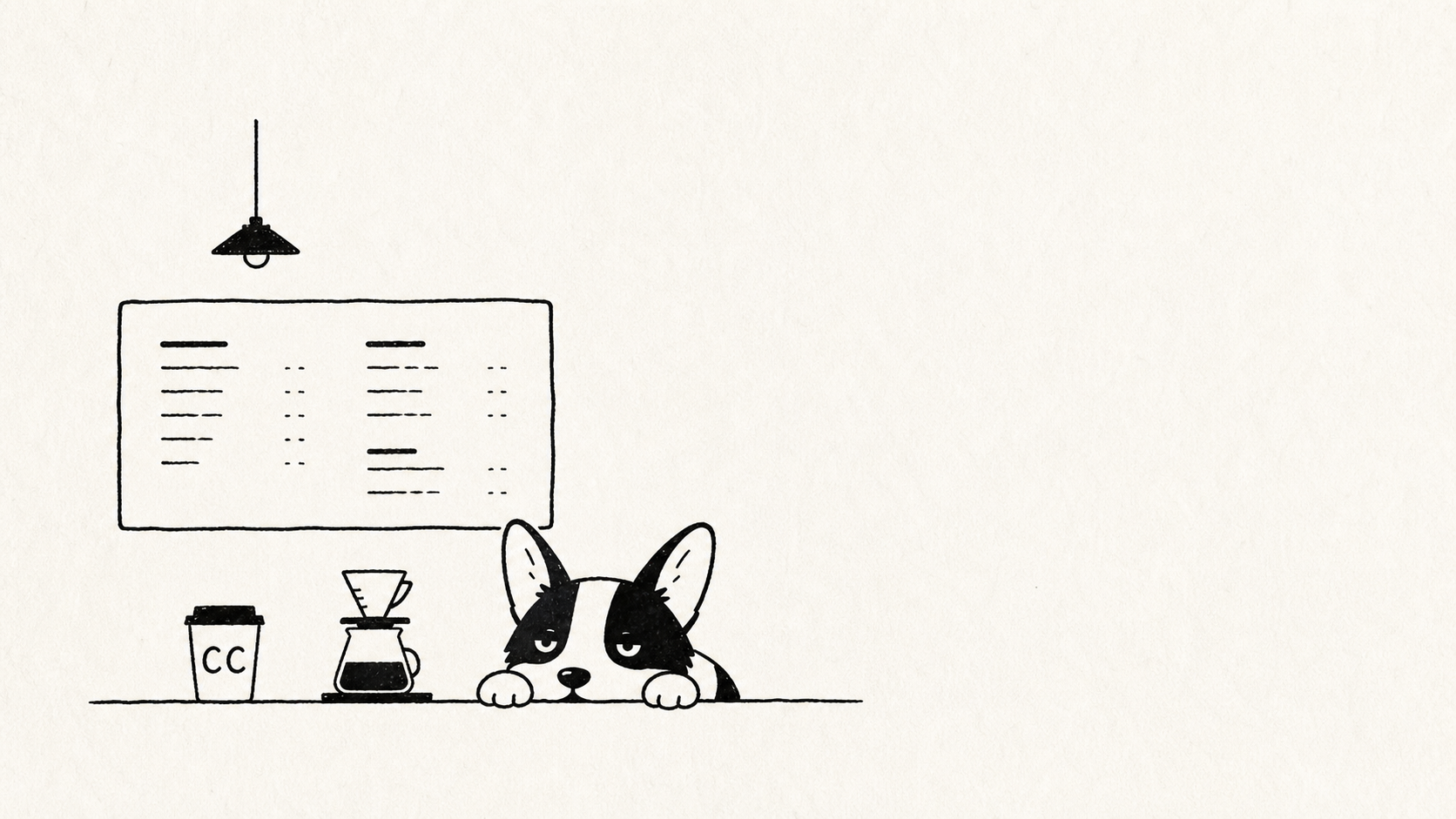 CC Coffee menu board with sleepy corgi and coffee tools
